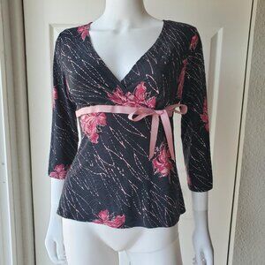 Y2k Floral V Neck Black and Pink Top